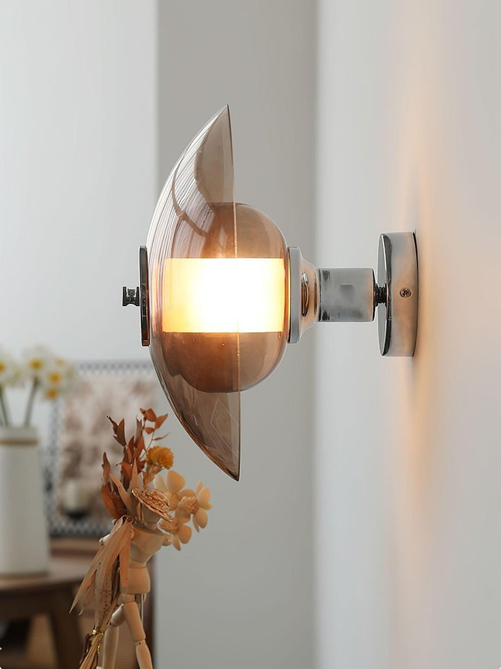 Chrome Saucer Wall Lamp with Amber Glass Shade