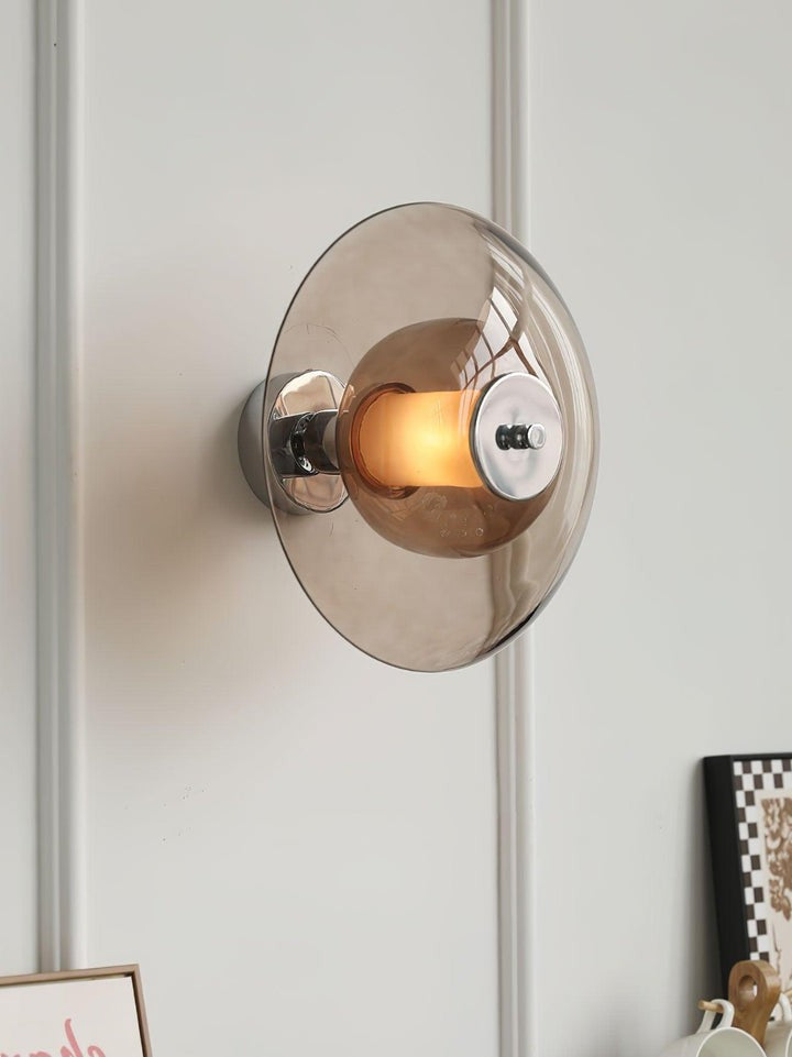 Chrome Saucer Wall Lamp with Amber Glass Shade
