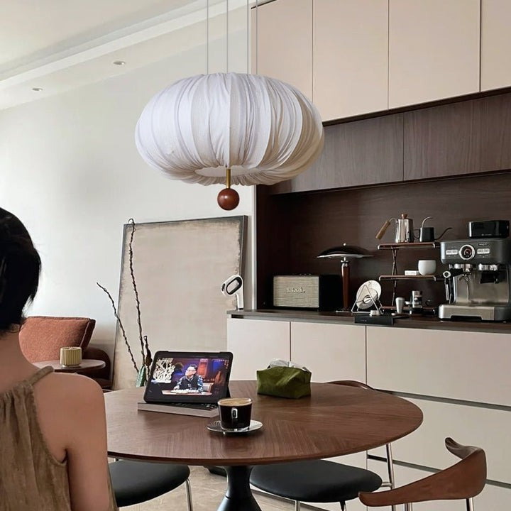 Cloud-Like Balloon Ceiling Pendant Light with Fabric & Wood Accents