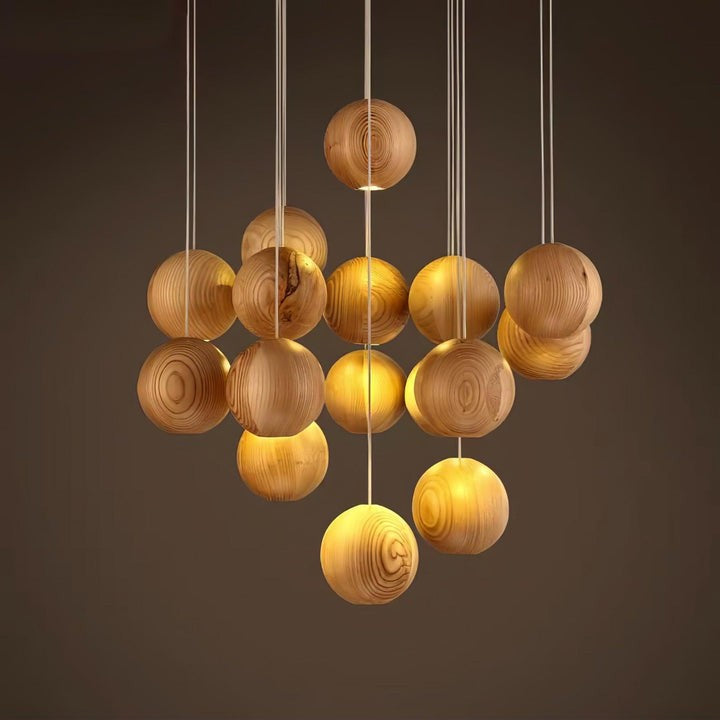 Contemporary Wooden Orb Cluster Pendant Light Fixture