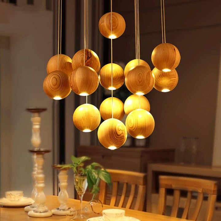 Contemporary Wooden Orb Cluster Pendant Light Fixture