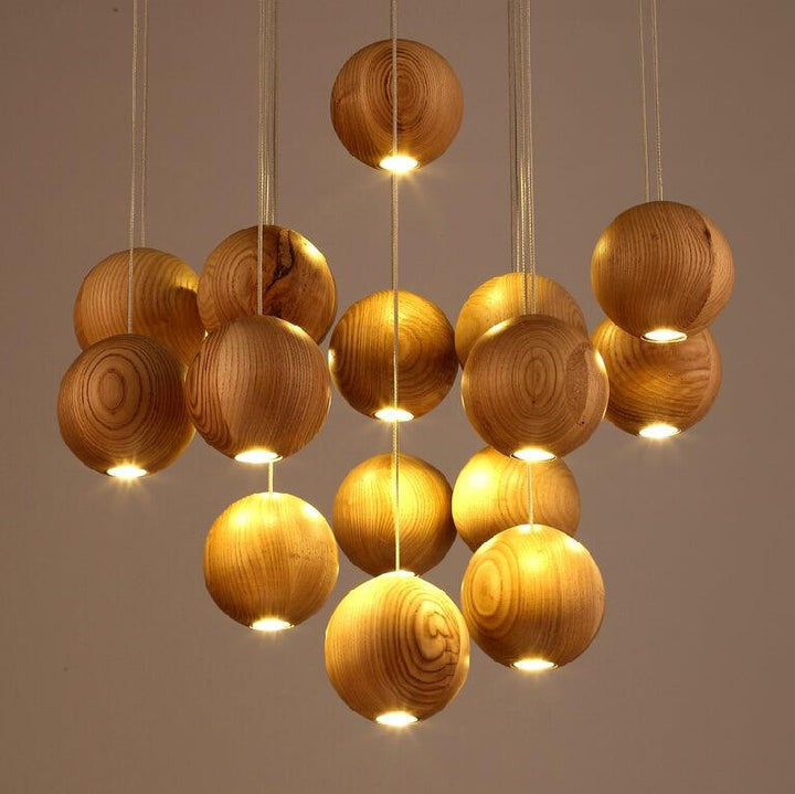 Contemporary Wooden Orb Cluster Pendant Light Fixture
