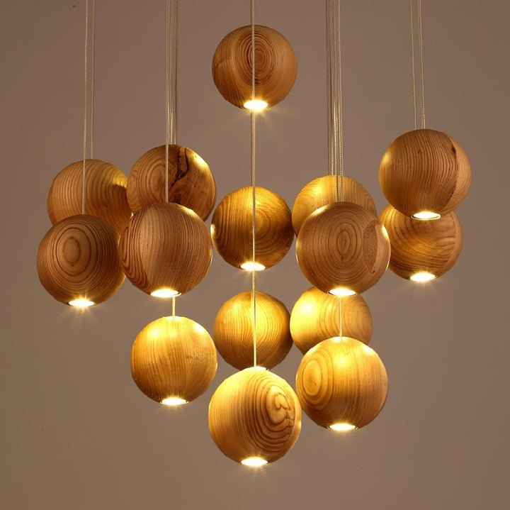 Contemporary Wooden Orb Cluster Pendant Light Fixture