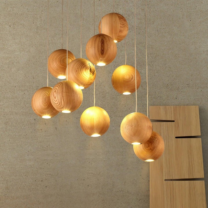 Contemporary Wooden Orb Cluster Pendant Light Fixture