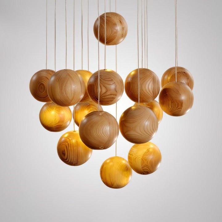 Contemporary Wooden Orb Cluster Pendant Light Fixture