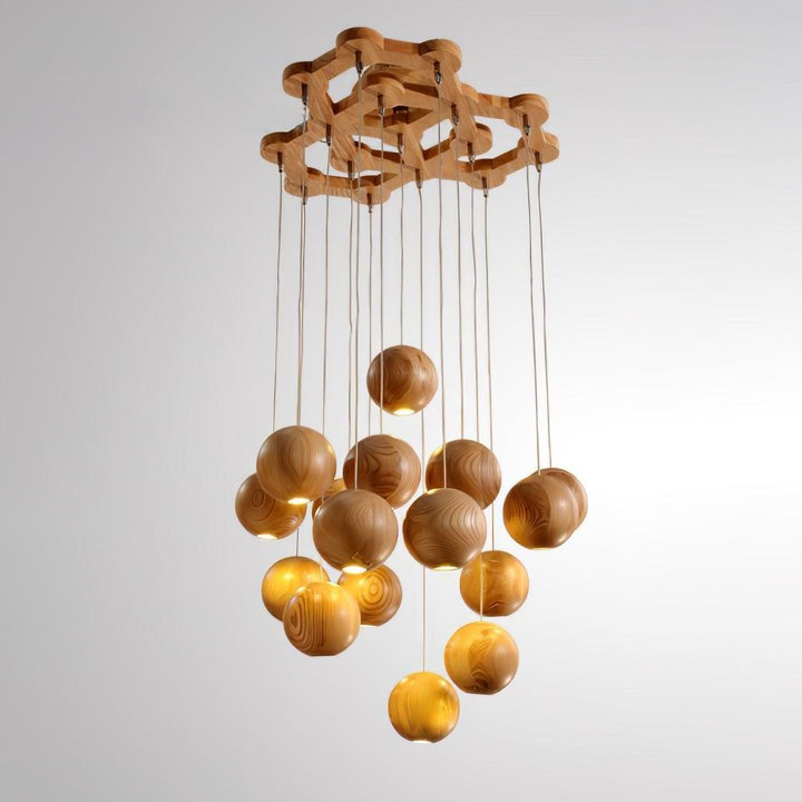 Contemporary Wooden Orb Cluster Pendant Light Fixture