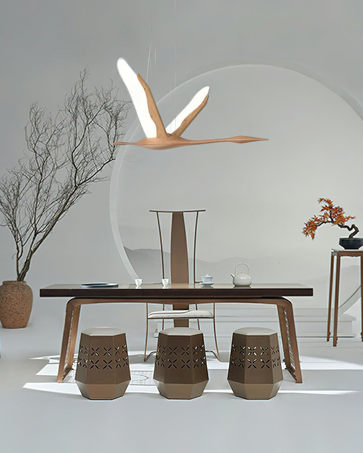 Crane-Inspired Wood & Metal LED Pendant Light