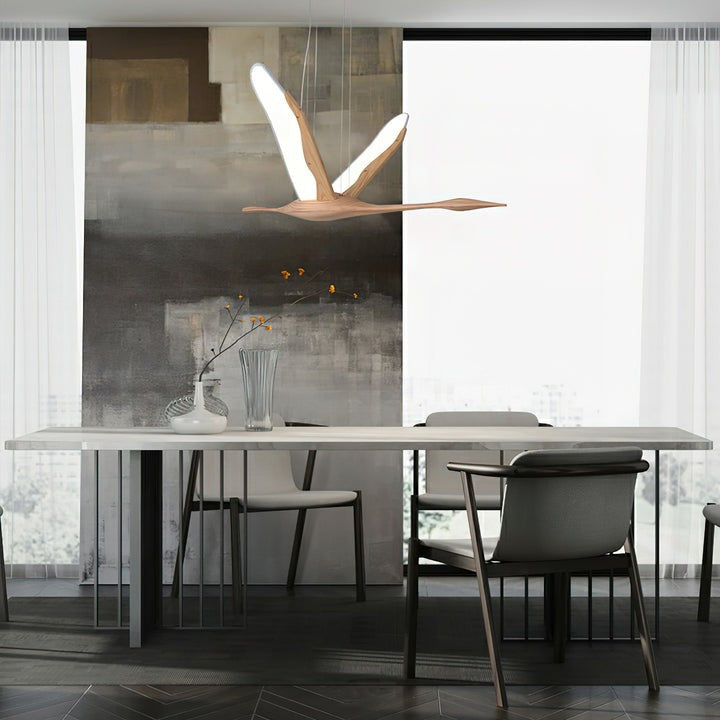Crane-Inspired Wood & Metal LED Pendant Light