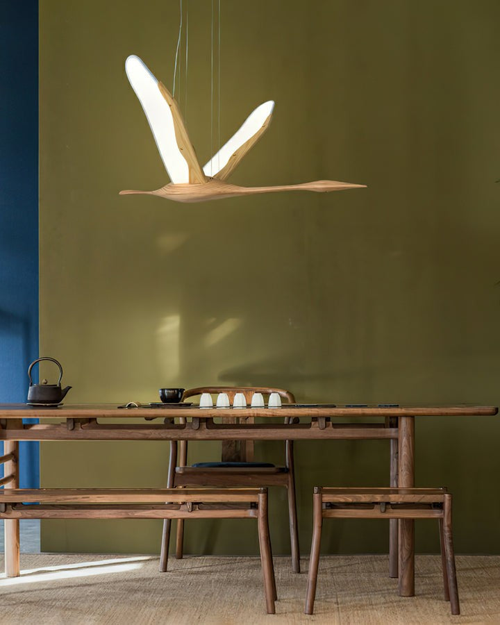 Crane-Inspired Wood & Metal LED Pendant Light