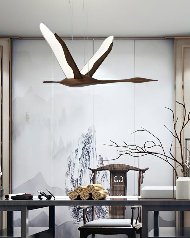 Crane-Inspired Wood & Metal LED Pendant Light