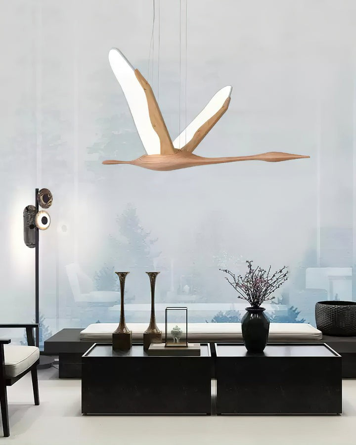 Crane-Inspired Wood & Metal LED Pendant Light