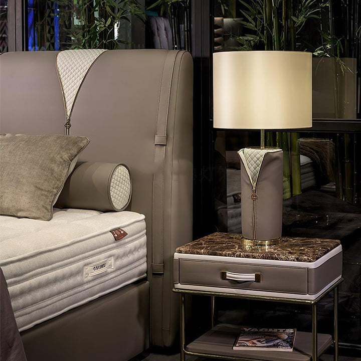 Elegant Leather & Metal Table Lamp with Gold Accents