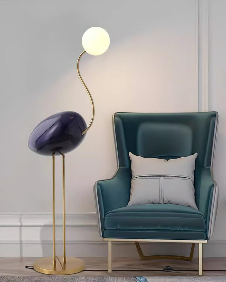 Flamingo-Inspired Gold Floor Lamp with Glass Orb