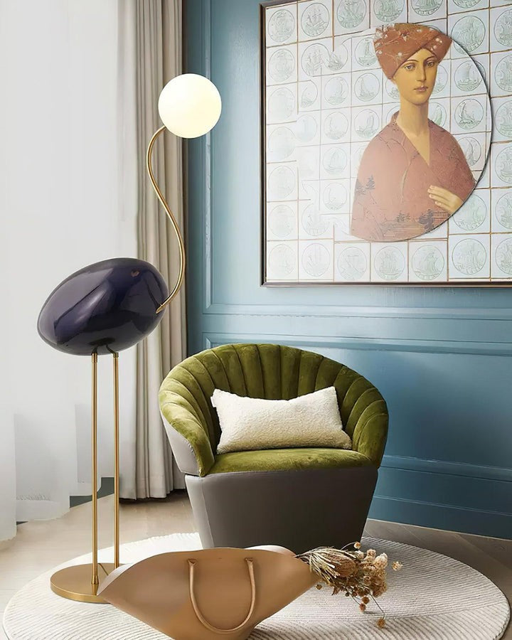 Flamingo-Inspired Gold Floor Lamp with Glass Orb