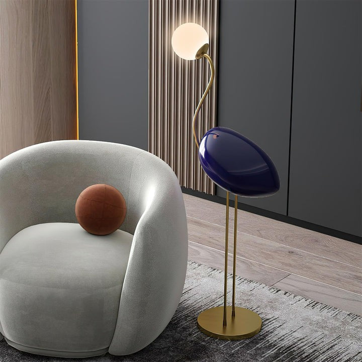 Flamingo-Inspired Gold Floor Lamp with Glass Orb