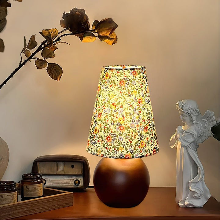 Floral Pattern LED Table Lamp with Wooden Base