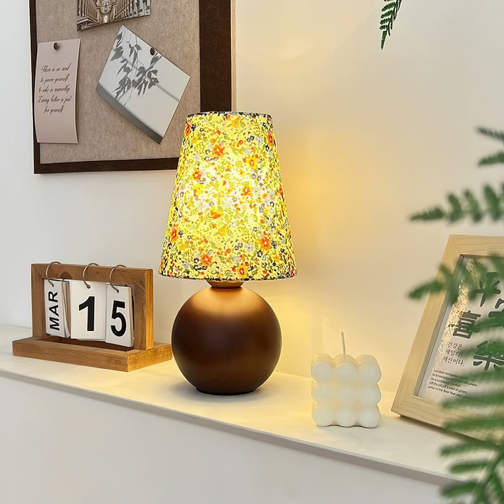 Floral Pattern LED Table Lamp with Wooden Base
