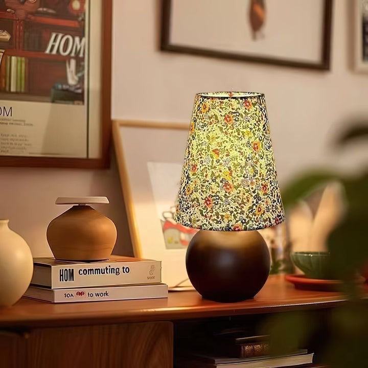 Floral Pattern LED Table Lamp with Wooden Base