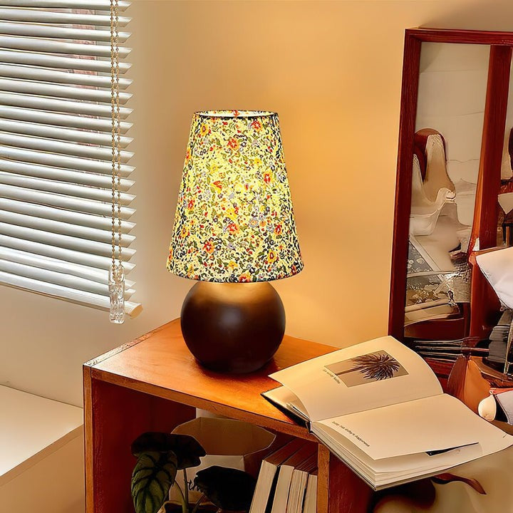 Floral Pattern LED Table Lamp with Wooden Base