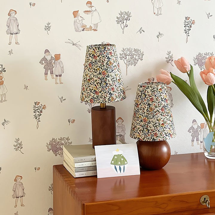 Floral Pattern LED Table Lamp with Wooden Base