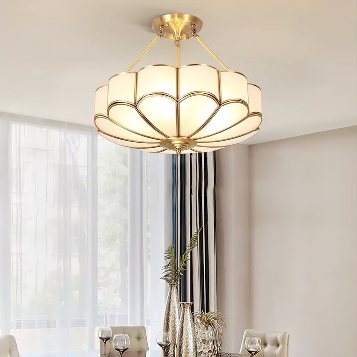 Frosted Glass Flower Ceiling Light with Brass Accents
