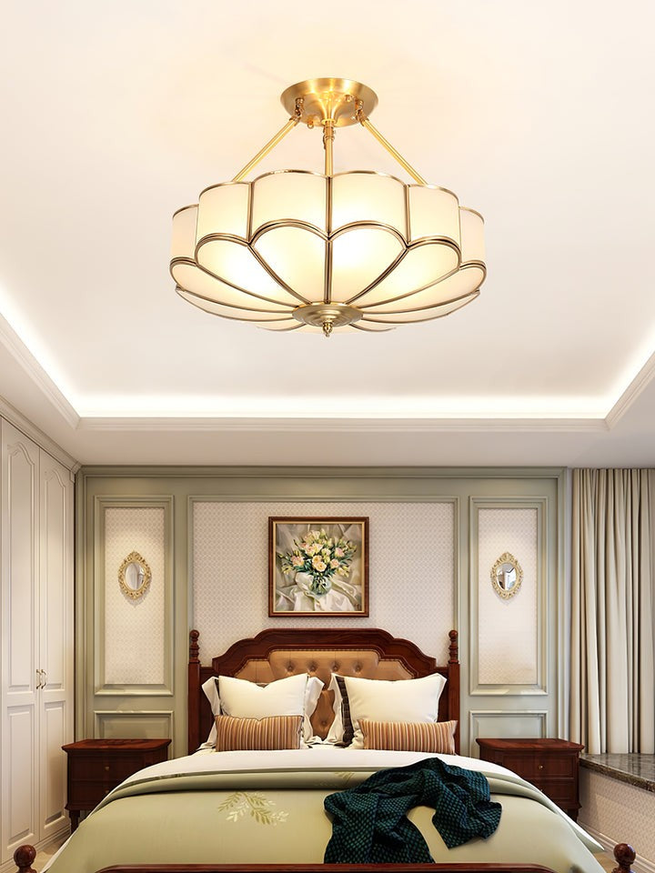 Frosted Glass Flower Ceiling Light with Brass Accents