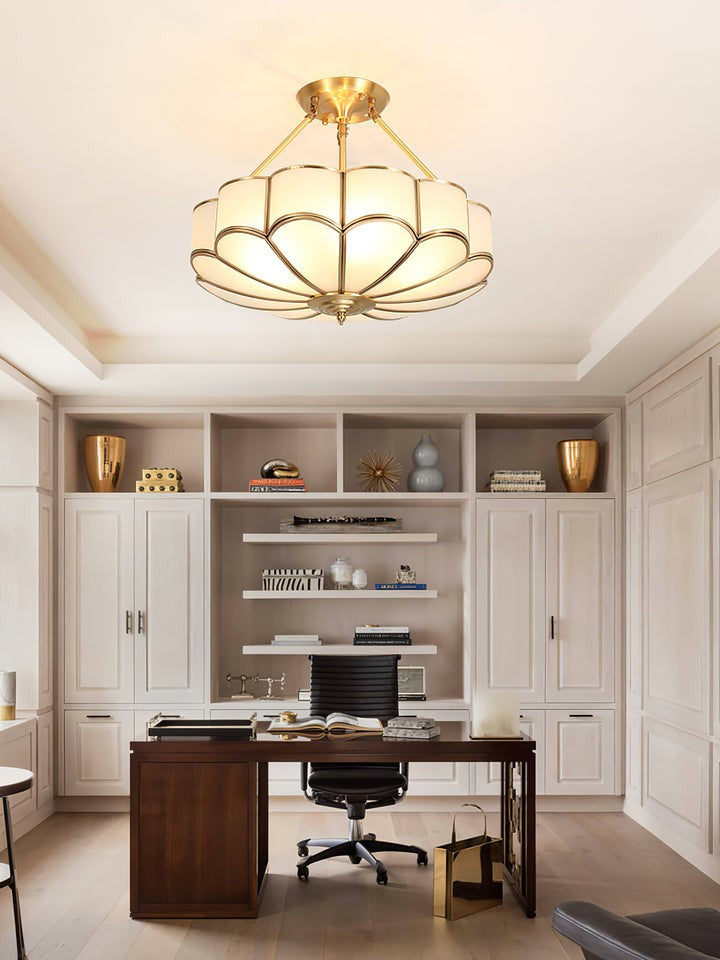 Frosted Glass Flower Ceiling Light with Brass Accents