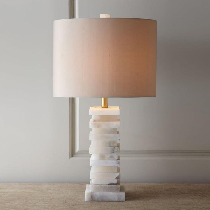 Geometric Alabaster Table Lamp with White Fabric Shade