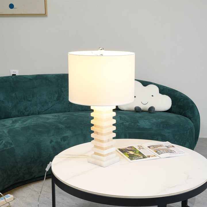 Geometric Alabaster Table Lamp with White Fabric Shade