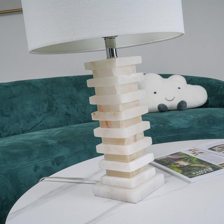 Geometric Alabaster Table Lamp with White Fabric Shade