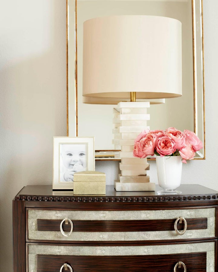 Geometric Alabaster Table Lamp with White Fabric Shade