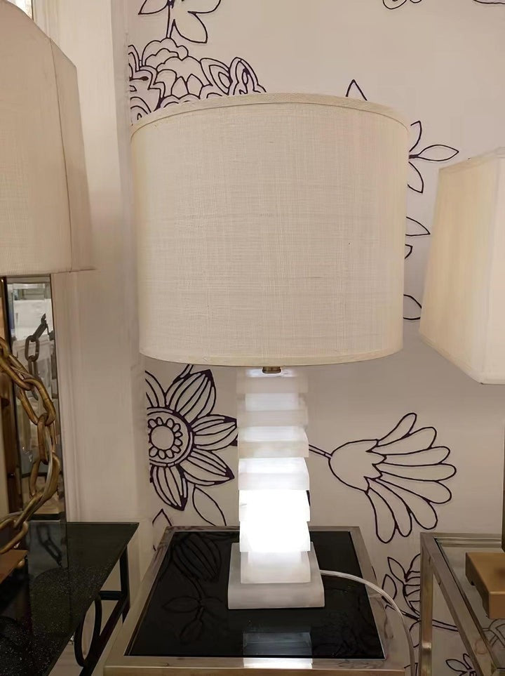 Geometric Alabaster Table Lamp with White Fabric Shade