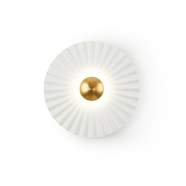 Glossy White & Gold Pleated Ceramic Wall Sconce with Integrated LED
