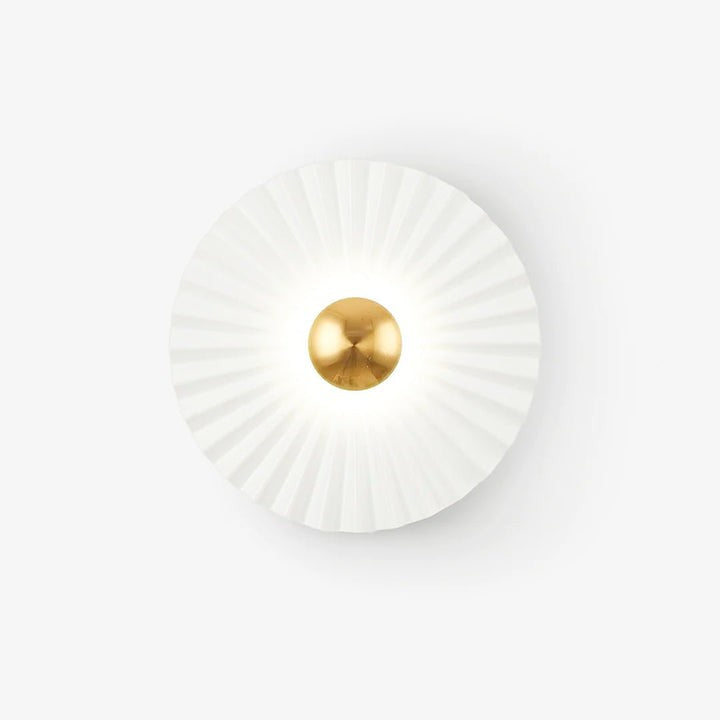 Glossy White & Gold Pleated Ceramic Wall Sconce with Integrated LED