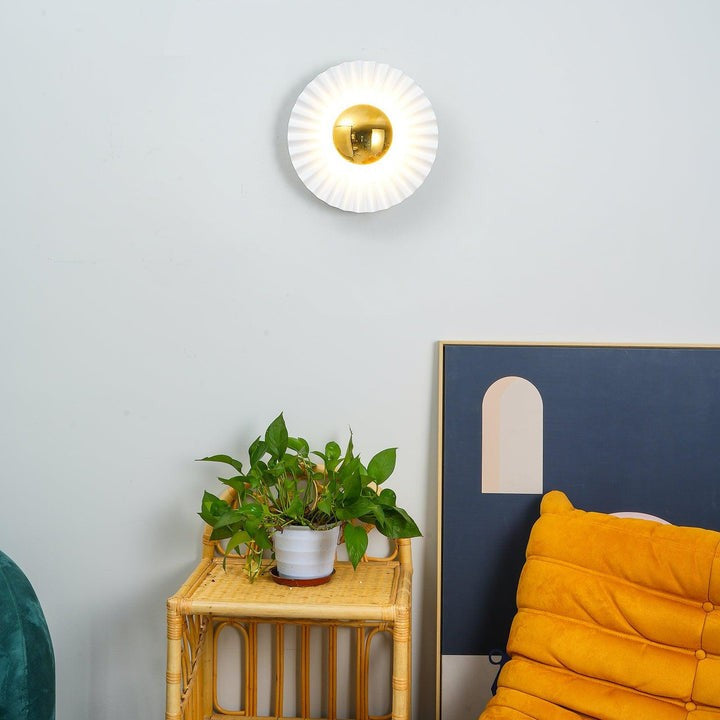 Glossy White & Gold Pleated Ceramic Wall Sconce with Integrated LED