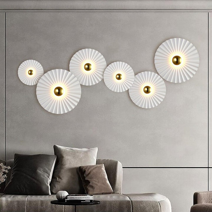 Glossy White & Gold Pleated Ceramic Wall Sconce with Integrated LED