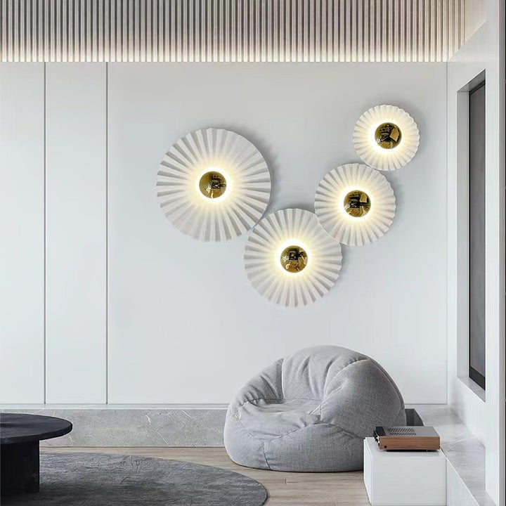 Glossy White & Gold Pleated Ceramic Wall Sconce with Integrated LED