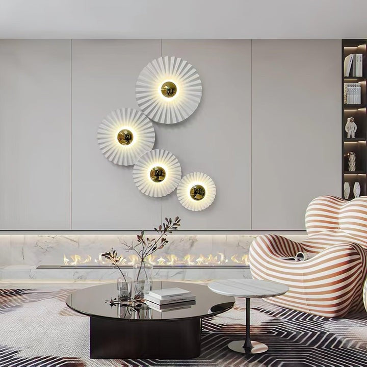 Glossy White & Gold Pleated Ceramic Wall Sconce with Integrated LED