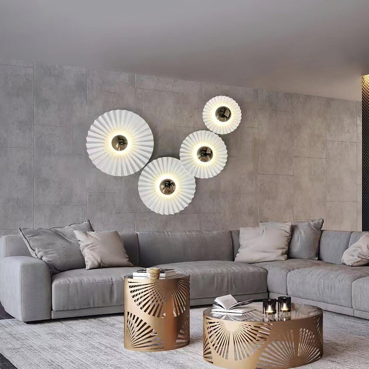 Glossy White & Gold Pleated Ceramic Wall Sconce with Integrated LED
