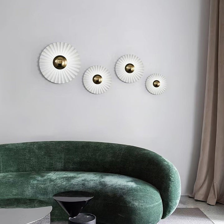 Glossy White & Gold Pleated Ceramic Wall Sconce with Integrated LED
