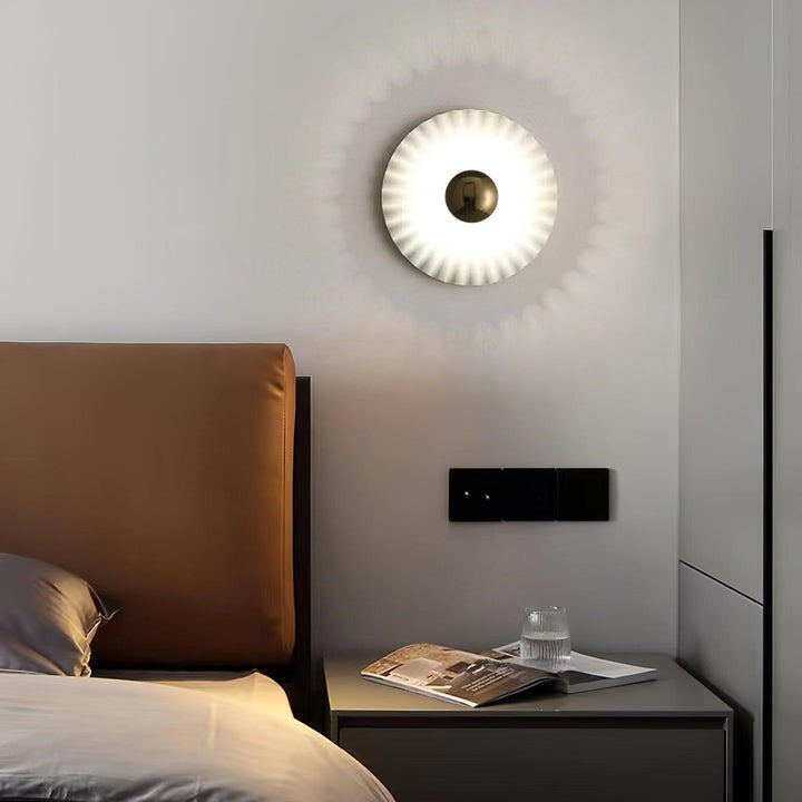 Glossy White & Gold Pleated Ceramic Wall Sconce with Integrated LED