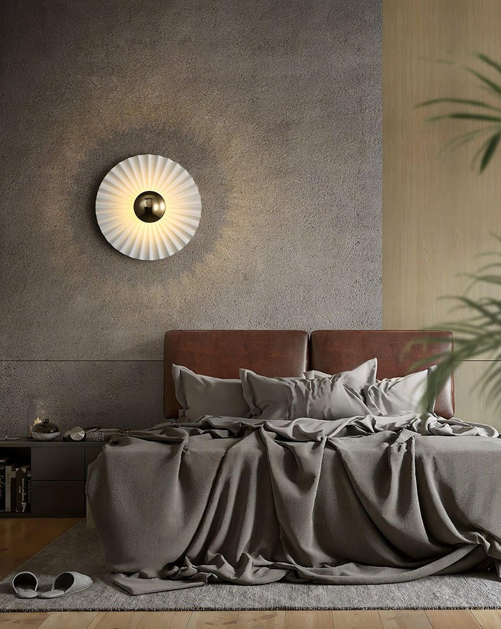 Glossy White & Gold Pleated Ceramic Wall Sconce with Integrated LED