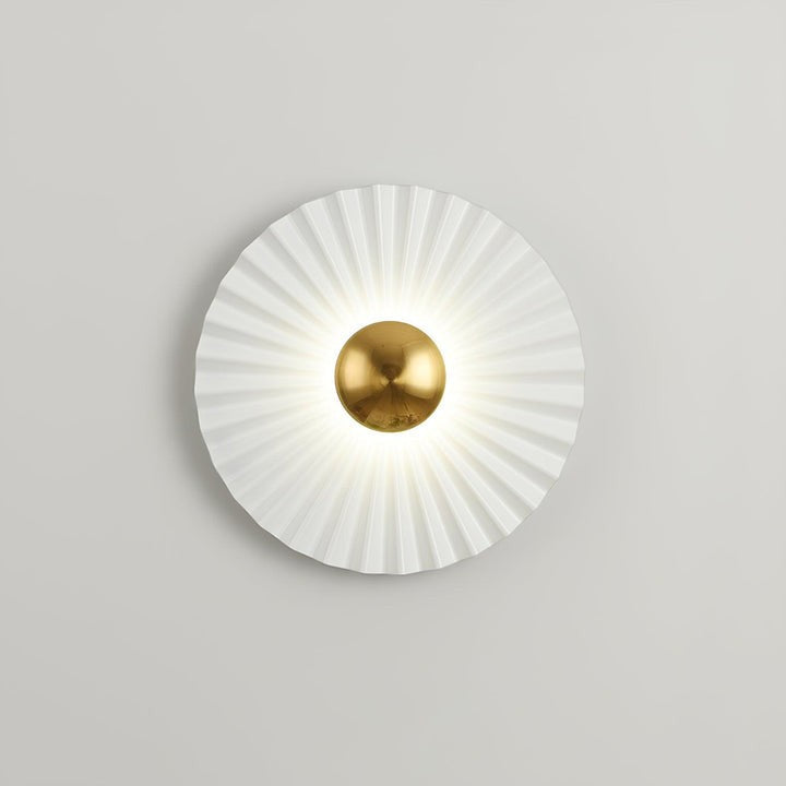 Glossy White & Gold Pleated Ceramic Wall Sconce with Integrated LED