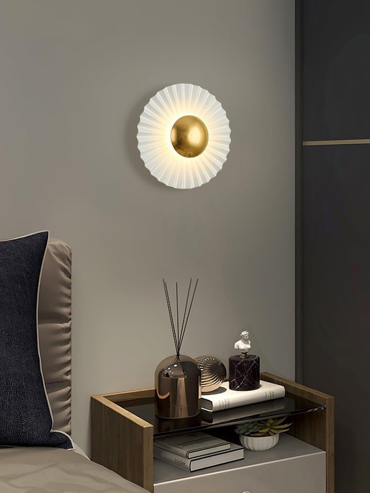 Glossy White & Gold Pleated Ceramic Wall Sconce with Integrated LED