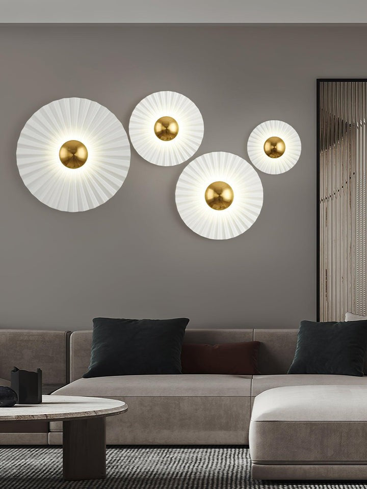 Glossy White & Gold Pleated Ceramic Wall Sconce with Integrated LED