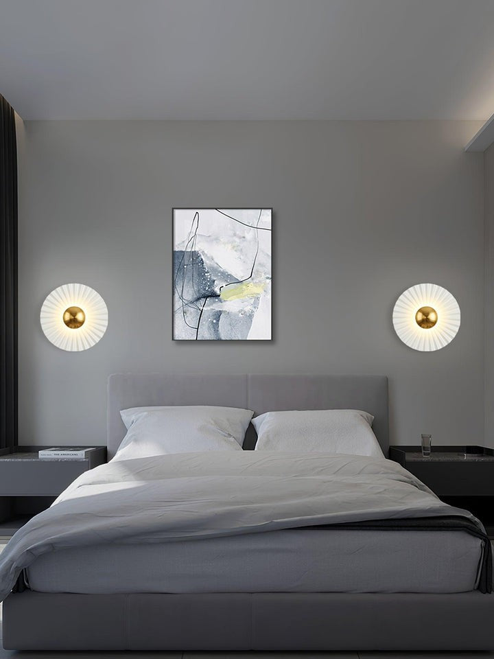 Glossy White & Gold Pleated Ceramic Wall Sconce with Integrated LED