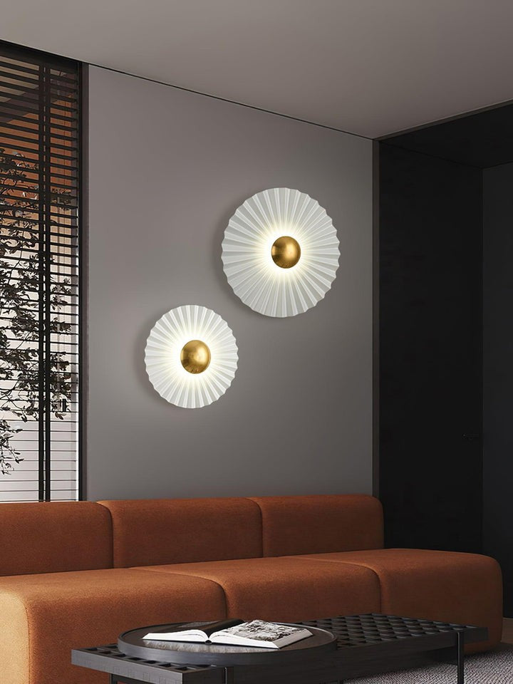 Glossy White & Gold Pleated Ceramic Wall Sconce with Integrated LED