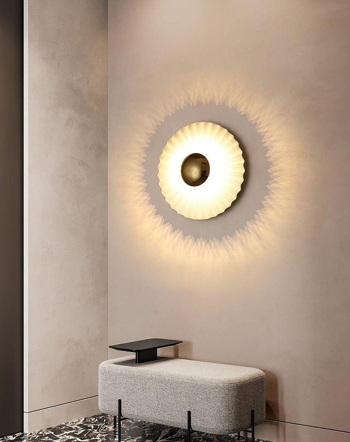 Glossy White & Gold Pleated Ceramic Wall Sconce with Integrated LED