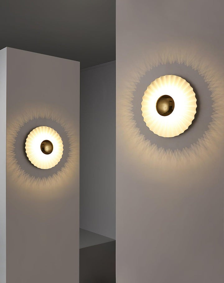 Glossy White & Gold Pleated Ceramic Wall Sconce with Integrated LED