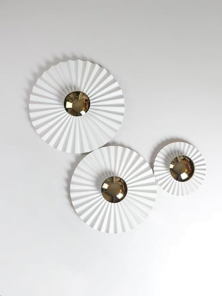 Glossy White & Gold Pleated Ceramic Wall Sconce with Integrated LED